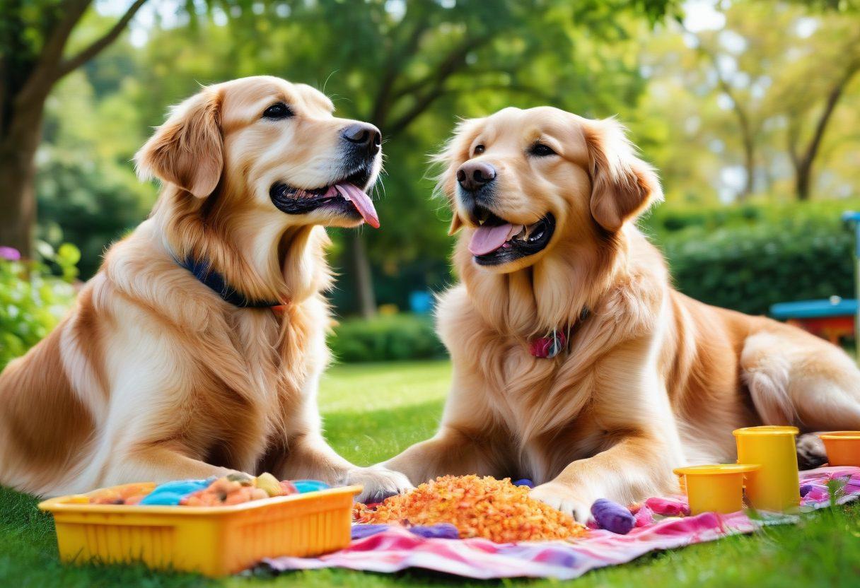 A joyful dog being pampered by a loving owner, surrounded by an array of colorful, healthy dog food, treats, and care items like grooming tools. The background features a sunny park setting filled with flowers and greenery. The dog's expression radiates happiness and love, embodying the bond between pets and their owners. Vibrant colors. super-realistic.