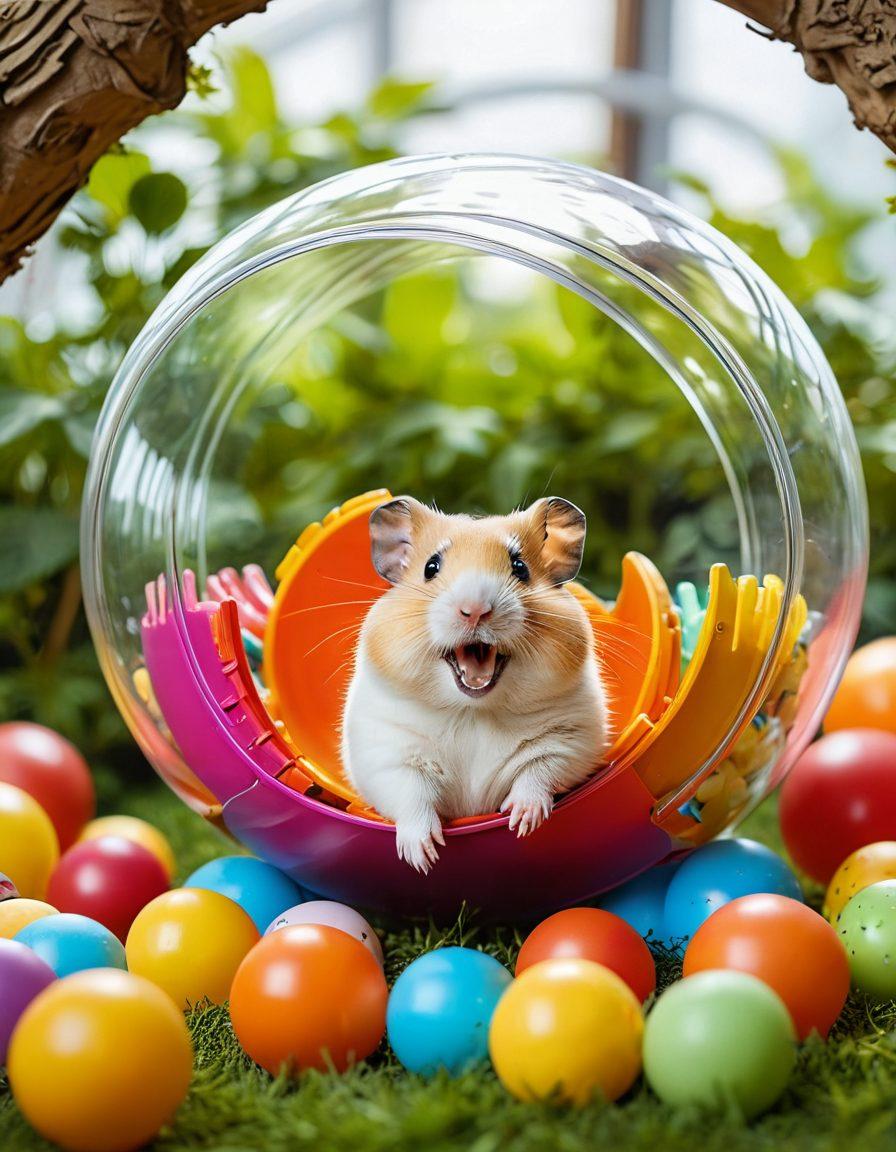 A whimsical and colorful scene of a happy hamster playing in a vibrant exercise ball surrounded by various engaging toys like tunnels, small climbing structures, and scattered treats. The background features lively greenery and a sunlit environment to evoke a joyful atmosphere. The hamster, with a big smile, showcases the essence of fun and excitement in playtime. bright colors. cartoon style. playful vibe.