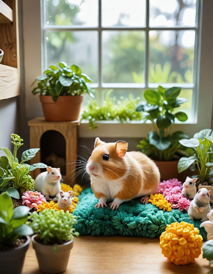 An inviting and colorful hamster habitat filled with cozy bedding, tunnels, and chew toys, showcasing a cheerful hamster exploring its playful environment. Sunlight beams through a window, illuminating the scene, while cheerful plants add a touch of greenery. The background features a warm and cozy home atmosphere, hinting at a joyful pet owner's space. super-realistic. vibrant colors. cozy setting.